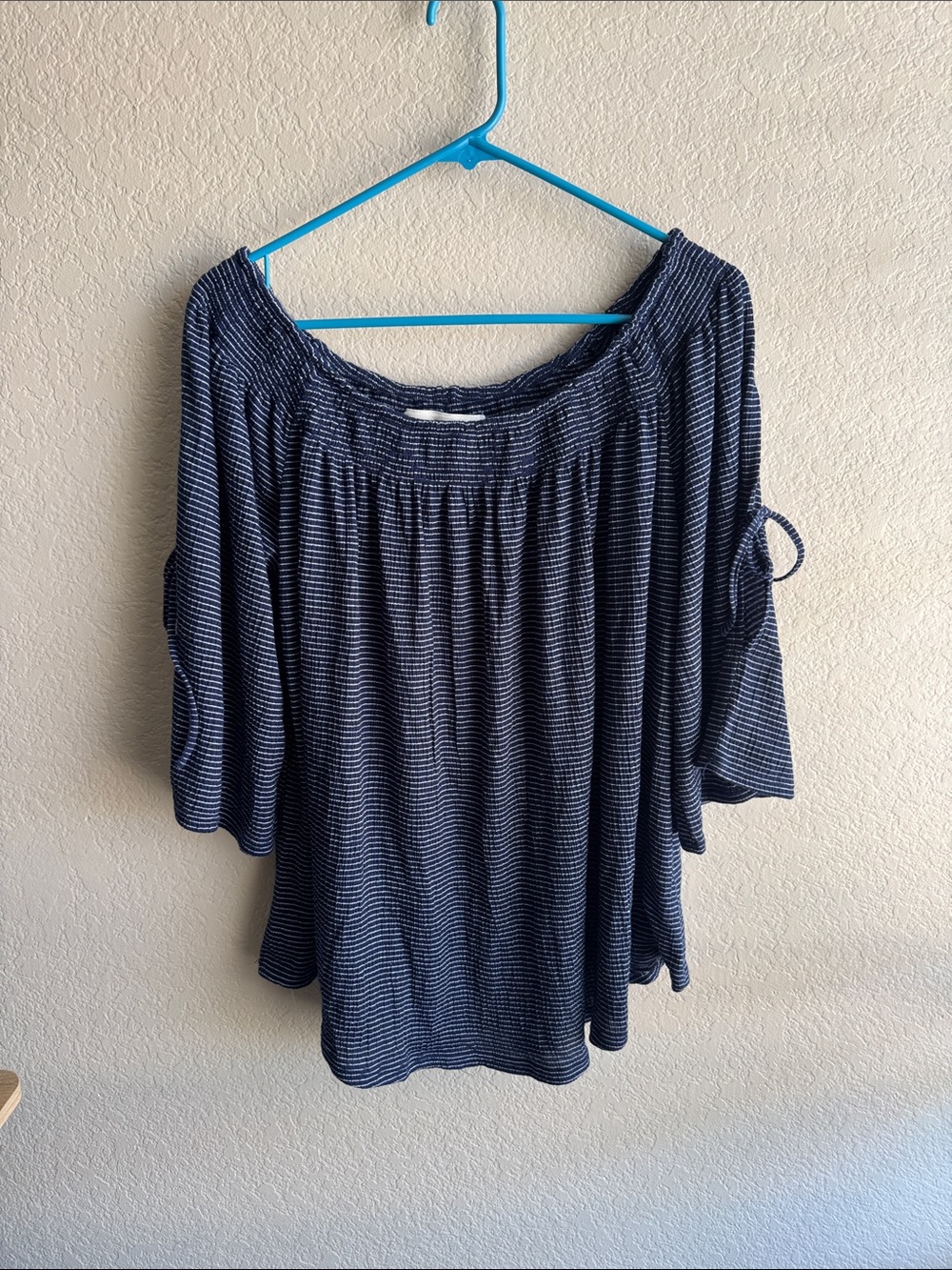 French Laundry Blue Stripe Off the Shoulder Split Tie Sleeve Blouse